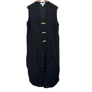 Vtg Linda Bach Richard James Maxi Dress Solid Black Gold Button Sleeveless Sz L
